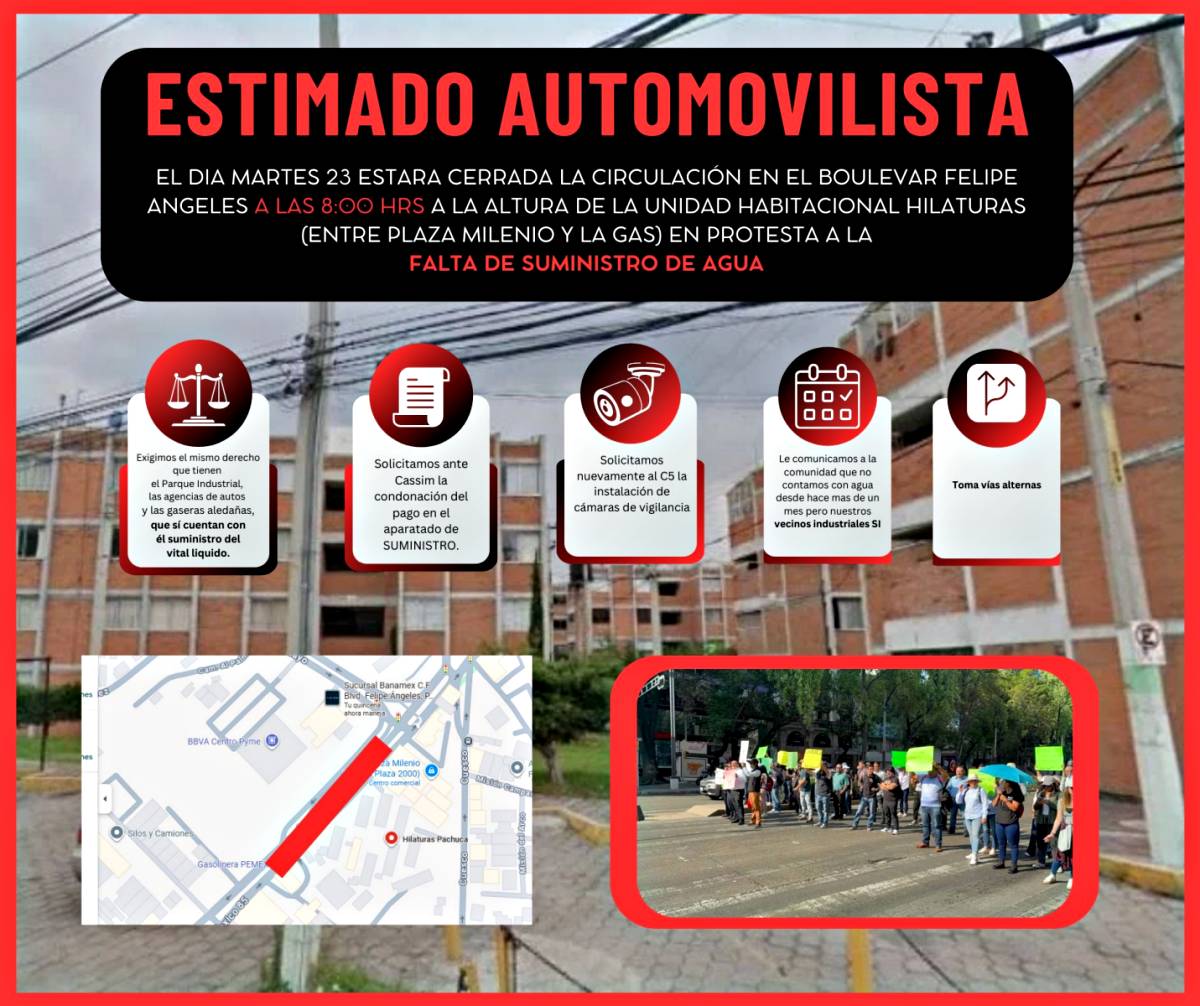 Vecinos anuncian bloqueo en bulevar Felipe Ángeles de Pachuca en protesta por falta de agua