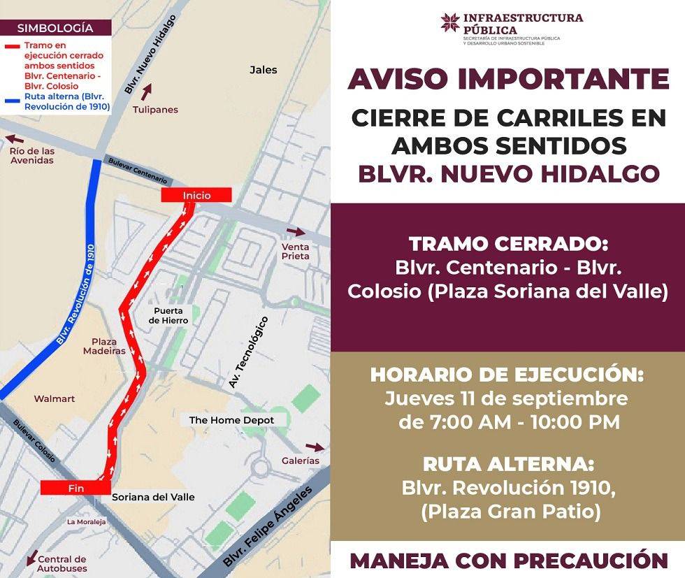 Anuncian cierre del bulevar Nuevo Hidalgo en ambos sentidos por obras de repavimentación