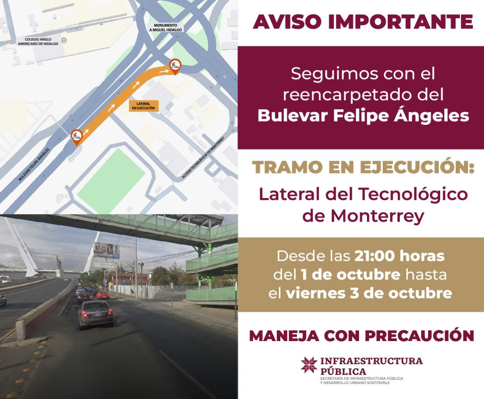 ¡Ojo! Cierres en conflictiva lateral del bulevar Felipe Ángeles por obras de reencarpetamiento
