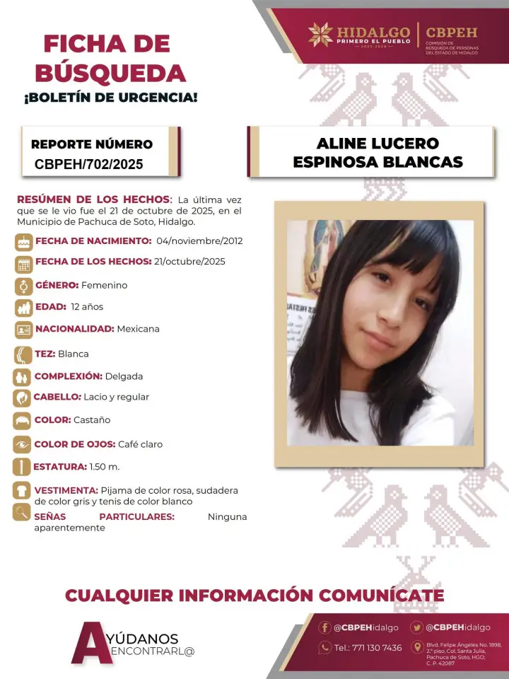 Piden ayuda para localizar a Aline Lucero, de 12 años de edad, reportada como desaparecida en Pachuca