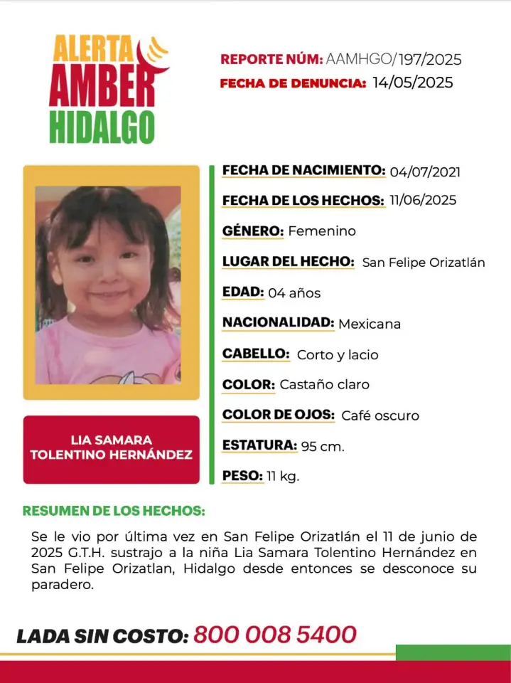 Piden ayuda para localizar a Lia Samara, pequeña de 4 años sustraída en Hidalgo