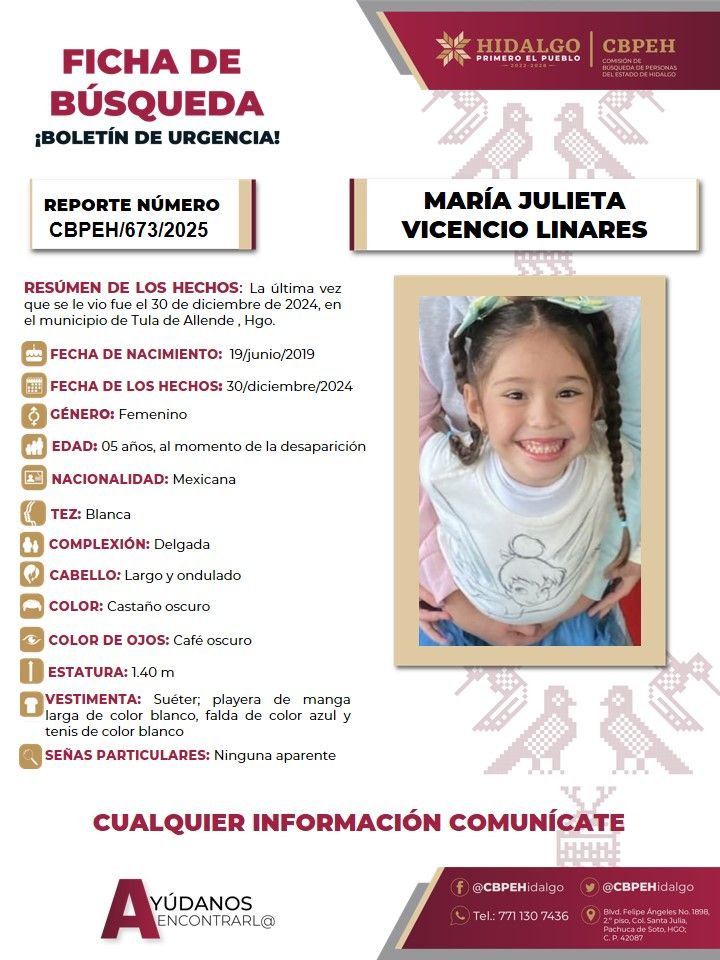 Piden ayuda para localizar a María Julieta, menor desaparecida en Hidalgo