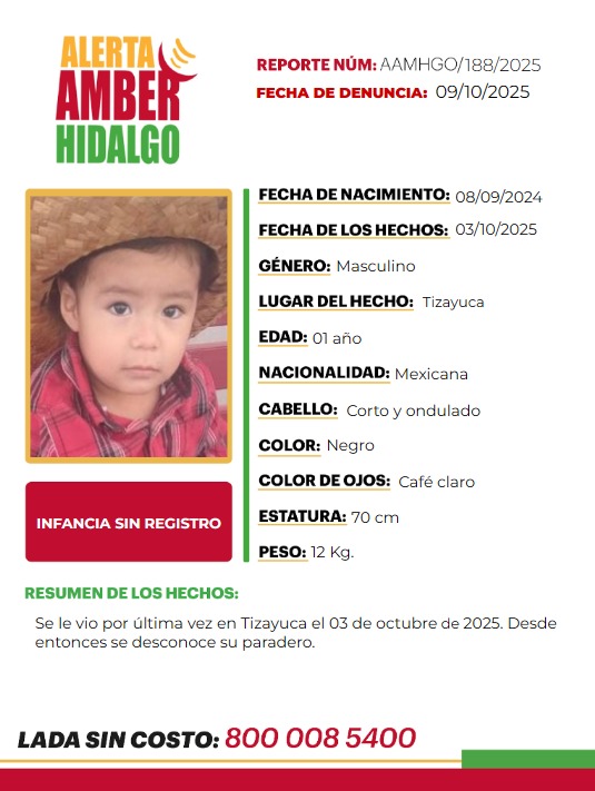 Pequeño de un año de edad desaparece en Tizayuca; piden ayuda para encontrarlo