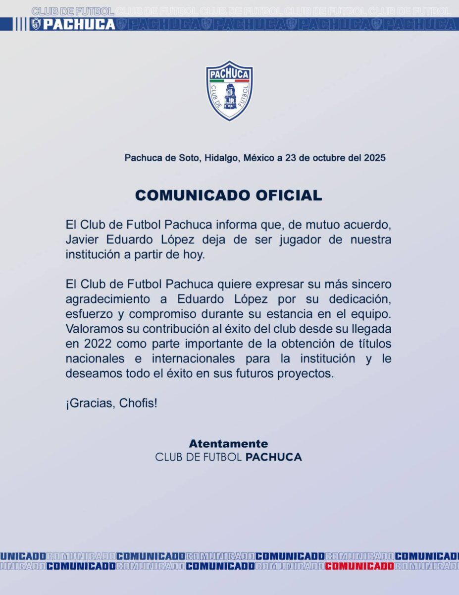 ¿Seguía en el equipo? Anuncia Pachuca la salida de Eduardo 'Chofis' López