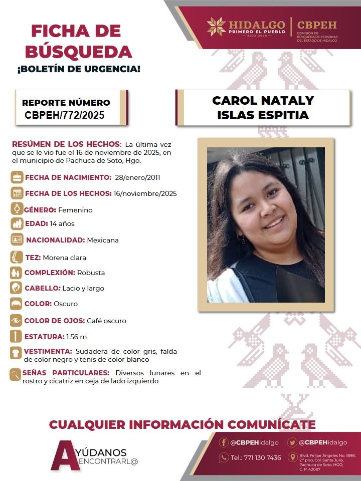 Carol Nataly desapareció en Pachuca; piden ayuda para encontrarla