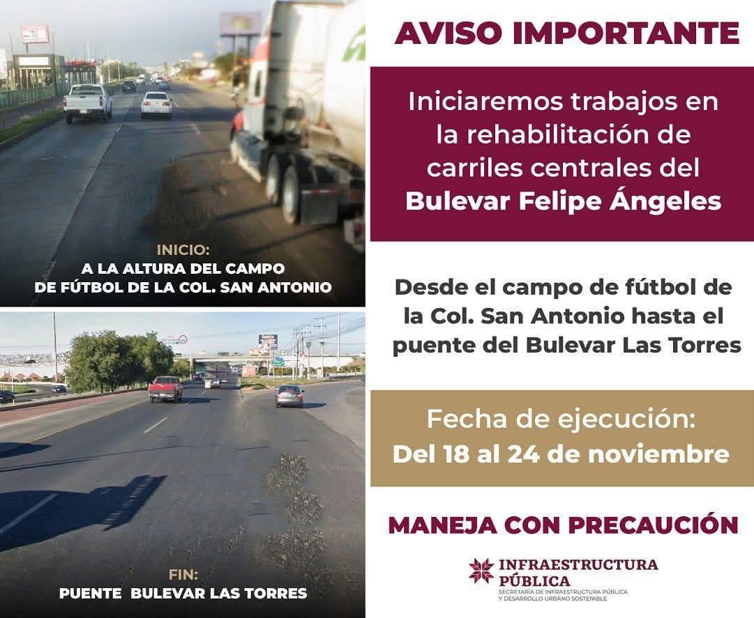 Cierres parciales por obras a partir de este martes en tramo sur del bulevar Felipe Ángeles