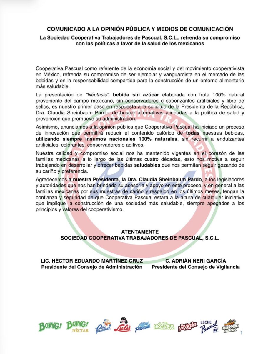 Menos azúcar: Pascual anuncia cambios en sus bebidas para apoyar la política de salud de Sheinbaum