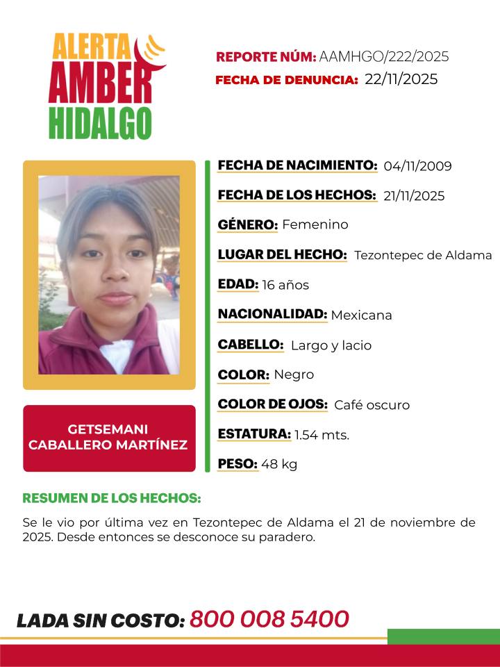 Activan Alerta Amber para localizar a Getsemani, menor desaparecida en Hidalgo