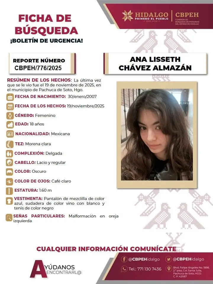 Desaparece joven estudiante de la UAEH; piden ayuda para localizarla