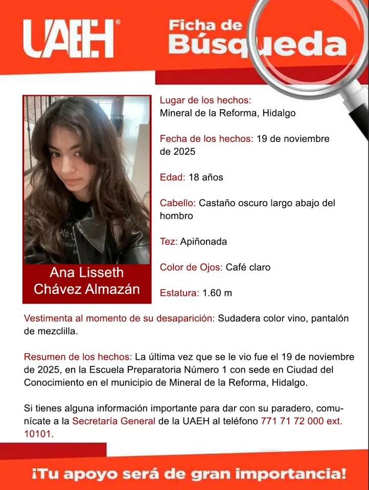 Desaparece joven estudiante de la UAEH; piden ayuda para localizarla