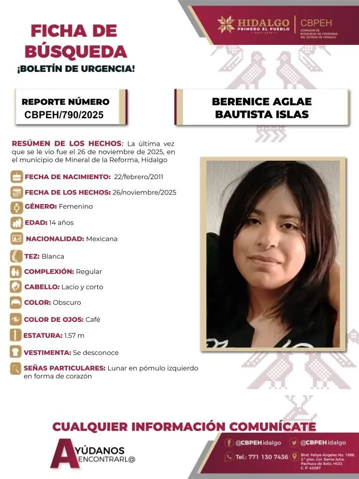 Activan búsqueda urgente por adolescente de 14 años desaparecida en Mineral de la Reforma