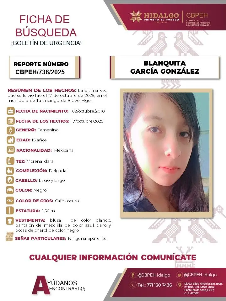 Piden ayuda para localizar a Blanquita, quinceañera desaparecida en Tulancingo