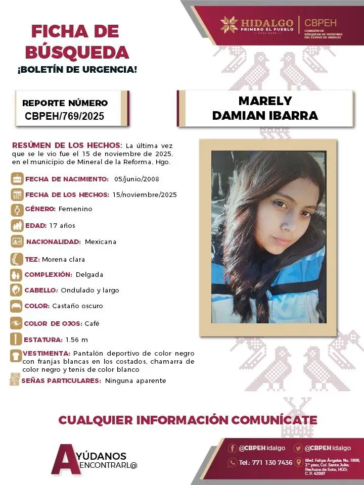 Marely, de 17 años de edad, desapareció en Mineral de la Reforma; se pide apoyo para localizarla