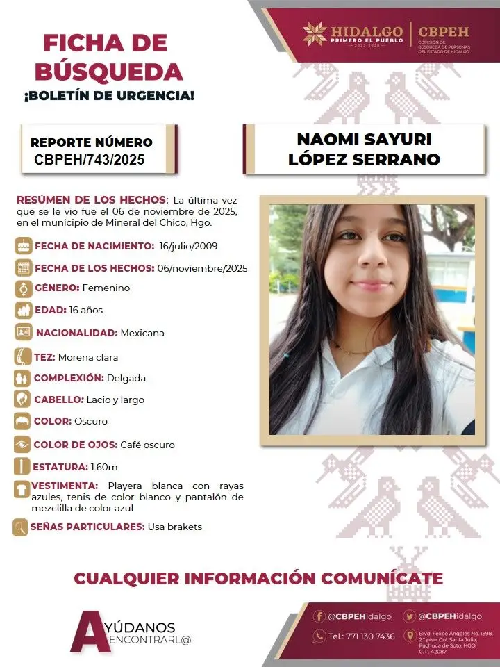 Otra desaparición en Mineral de la Reforma: se pide ayuda para encontrar a Naomi Sayuri