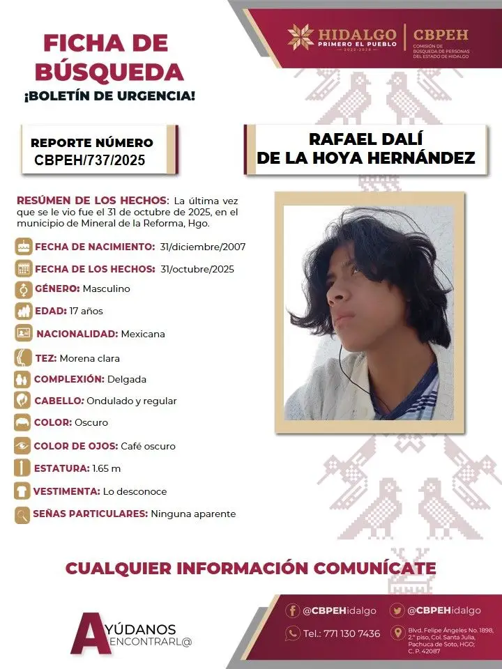 Rafael Dalí desapareció en Pachuca; se pide ayuda para localizarlo