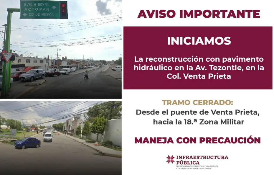 Anuncian cierre de avenida en Pachuca por repavimentación con concreto hidráulico