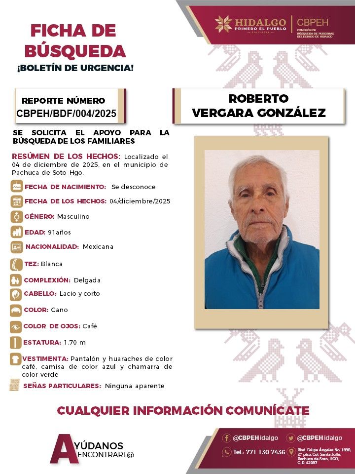 Piden apoyo para localizar a familiares de un adulto mayor localizado en Pachuca