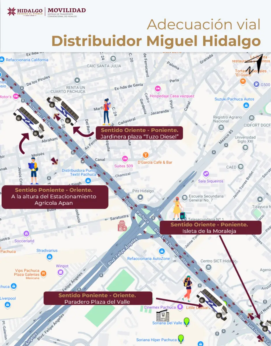 Cambian paraderos de transporte por obras de reconfiguración de la glorieta Miguel Hidalgo en Pachuca