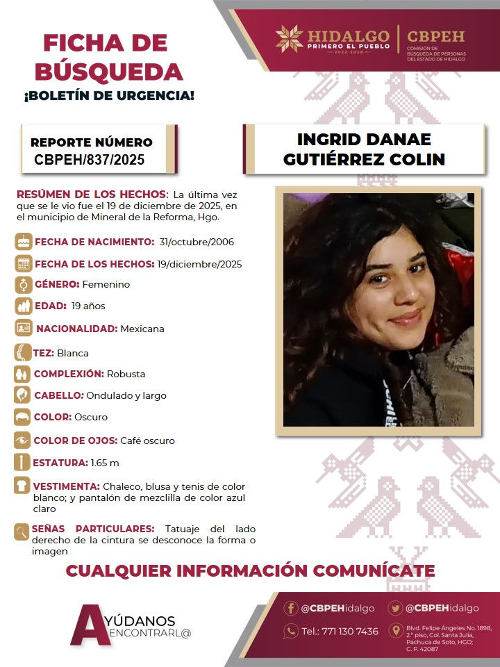 Piden apoyo para localizar a Ingrid Danae, joven desaparecida en Mineral de la Reforma