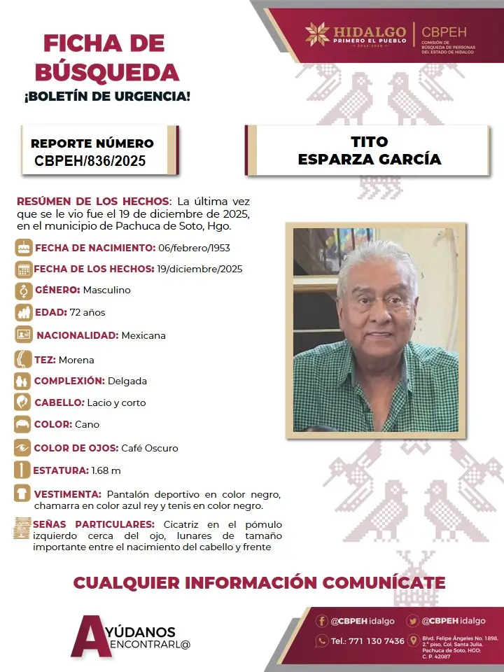 Se solicita apoyo para localizar a Tito Esparza, adulto mayor reportado como desaparecido en Pachuca