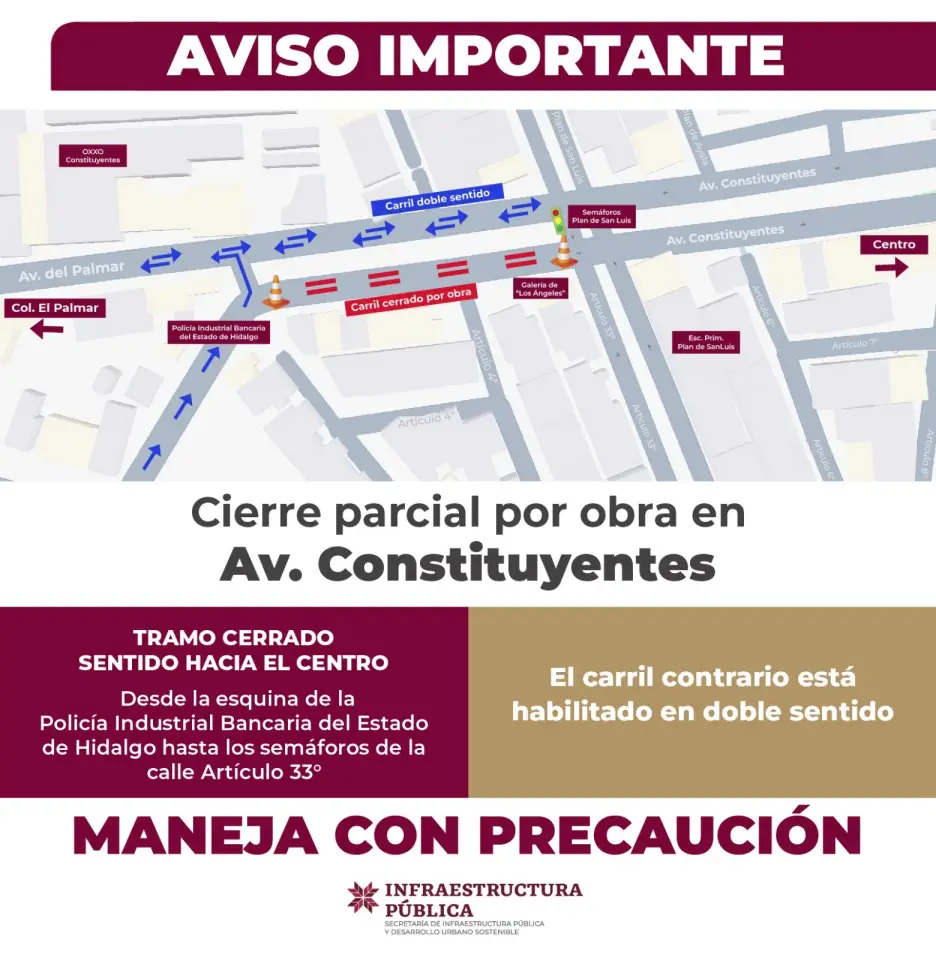 Anuncia SIPDUS cierre de carril por obras en avenida de Pachuca