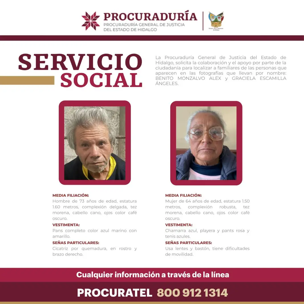 PGJEH solicita colaboración ciudadana para localizar a familiares de dos adultos mayores
