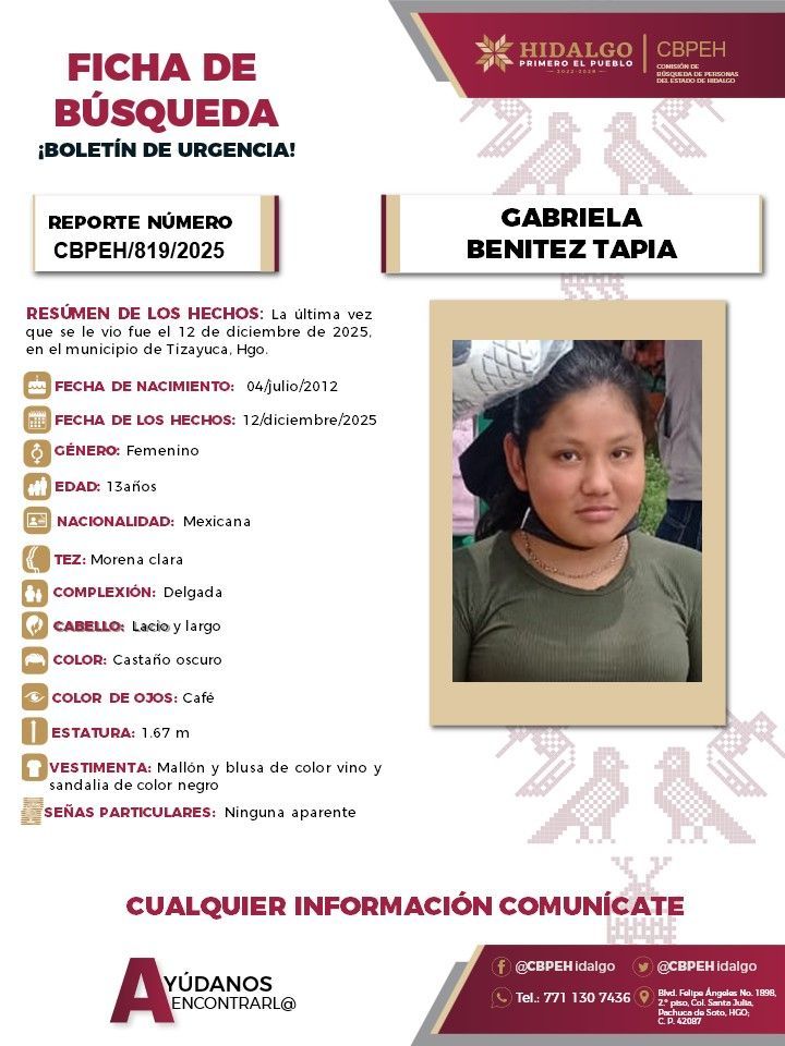 Piden apoyo para localizar a Gabriela, adolescente desaparecida en Tizayuca