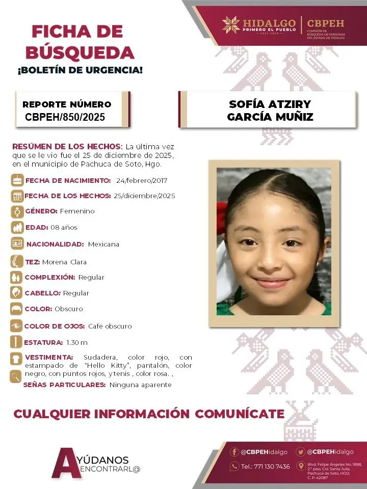 Reportan desaparición de niña de 8 años en Pachuca; vista por última vez el día de Navidad