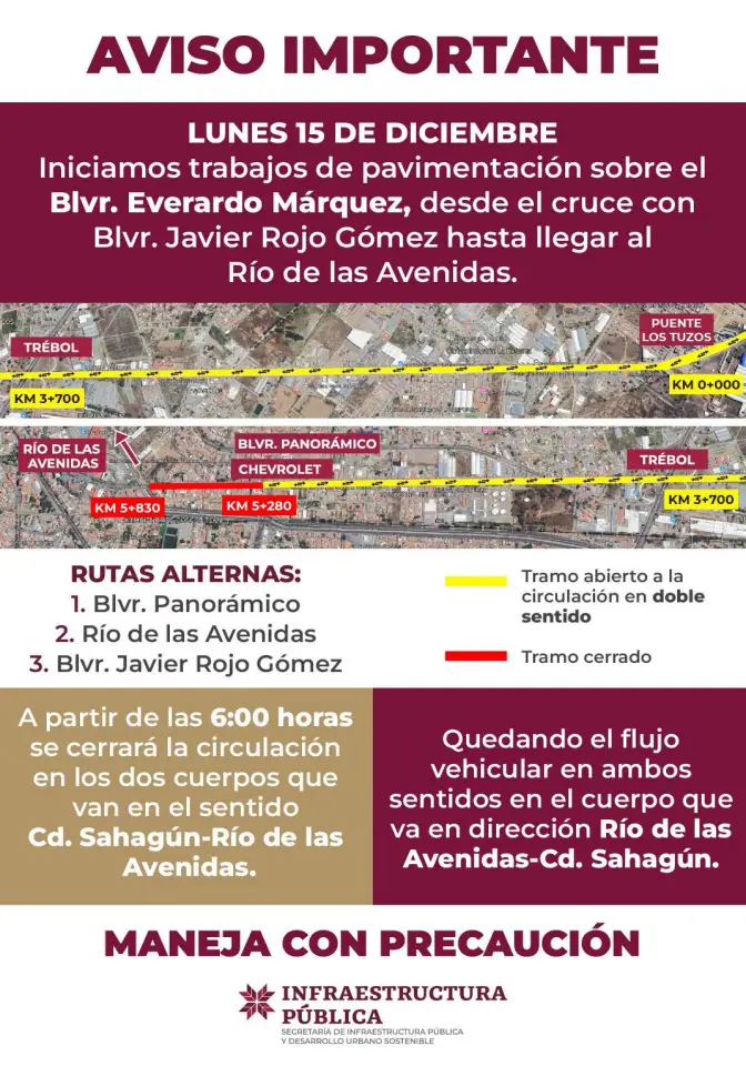 Arranca última etapa de rehabilitación del bulevar Everardo Márquez de Pachuca; hay cierres a la circulación