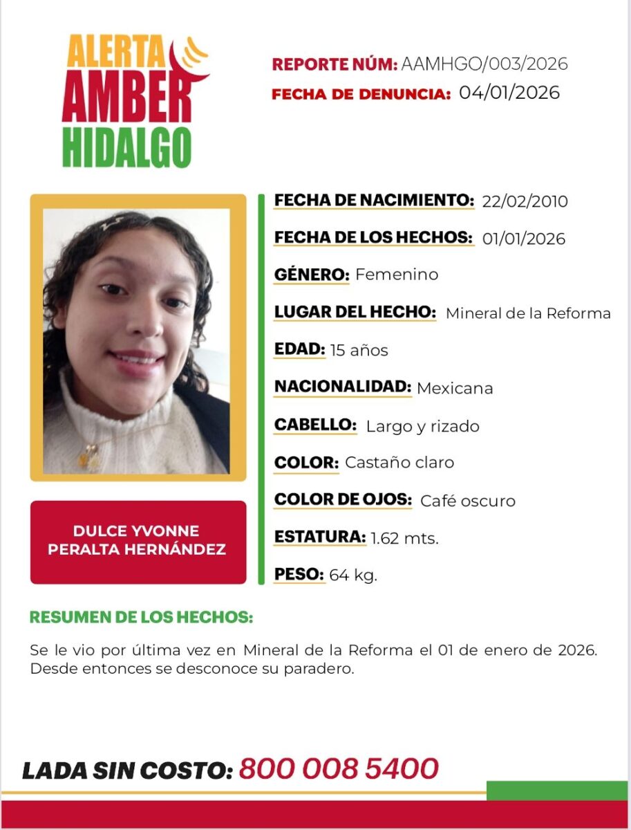 Activan Alerta Amber por desaparición de una menor en Mineral de la Reforma