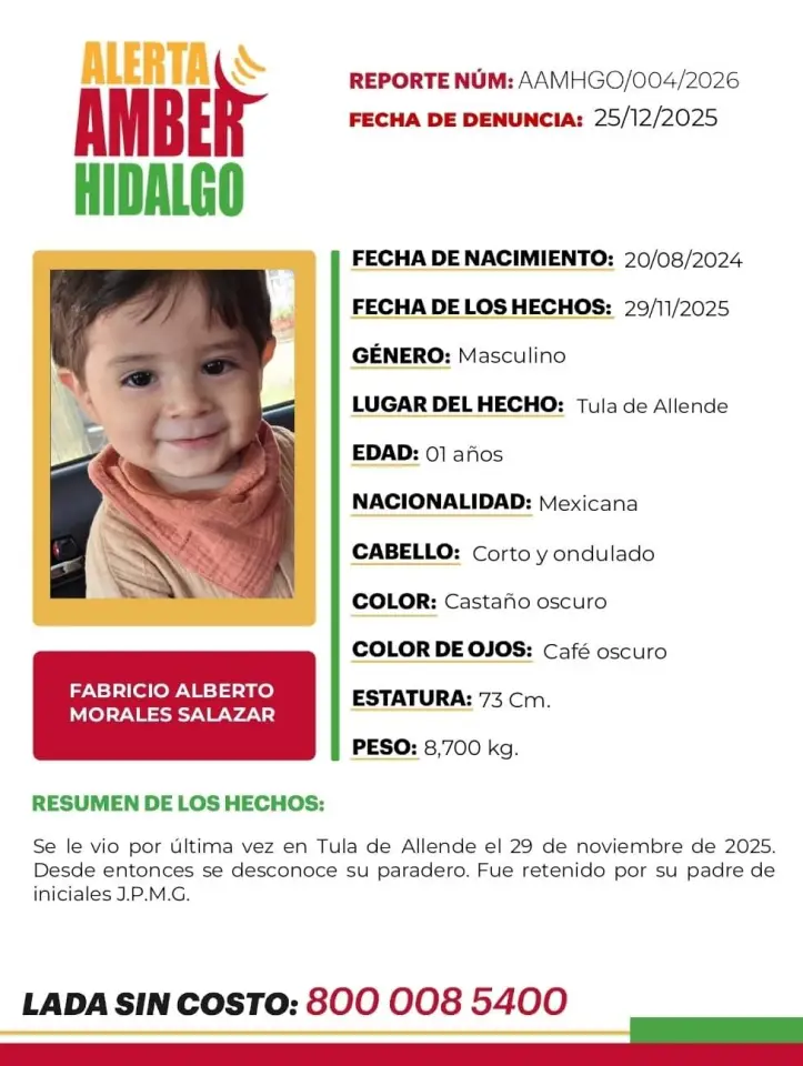 Activan Alerta Amber en Hidalgo por la desaparición del pequeño Fabricio Alberto