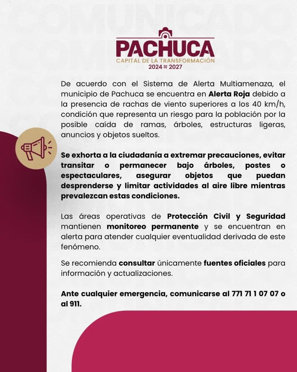 Emiten 'Alerta Roja' por fuertes rachas de viento en Pachuca; hay riesgo significativo