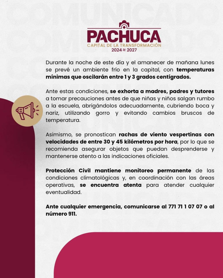 Pachuca tendrá temperaturas congelantes en el inicio de semana; autoridades emiten recomendaciones