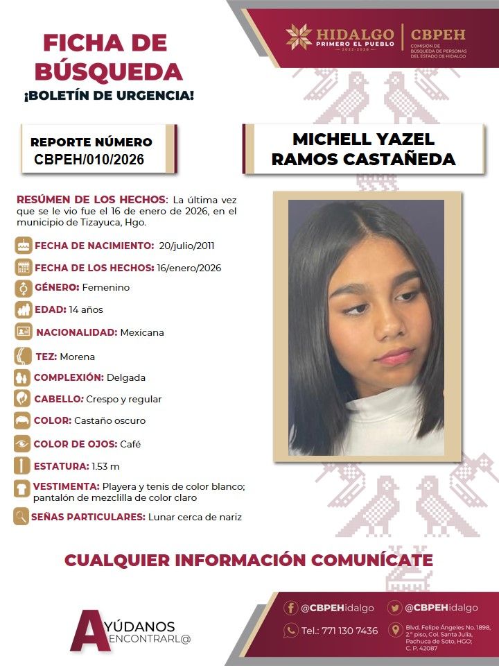 Se pide ayuda para localizar a Michell Yazel, joven desaparecida en Tizayuca