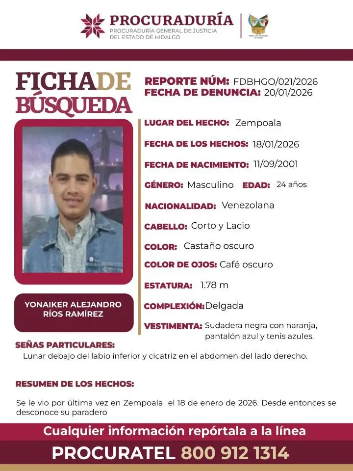 Piden apoyo para localizar a joven venezolano desaparecido en Hidalgo