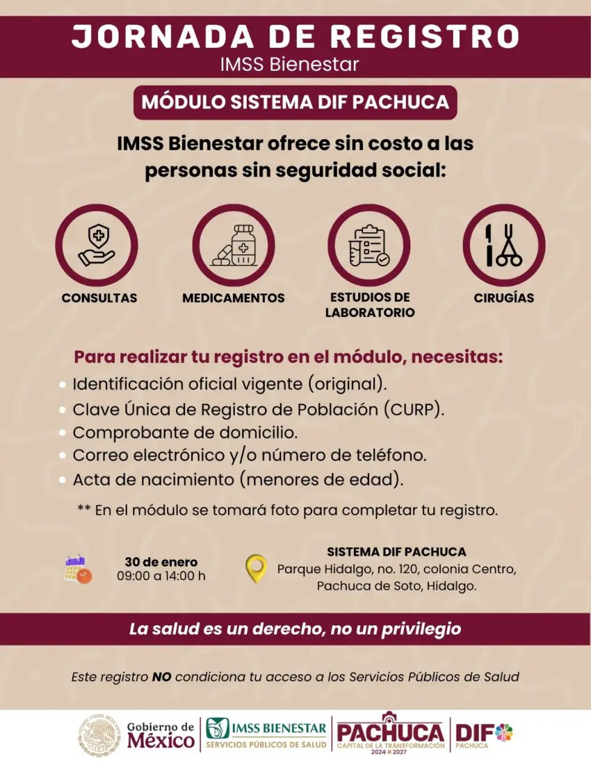 Realizarán registro para IMSS Bienestar y jornada de vacunación en DIF Pachuca