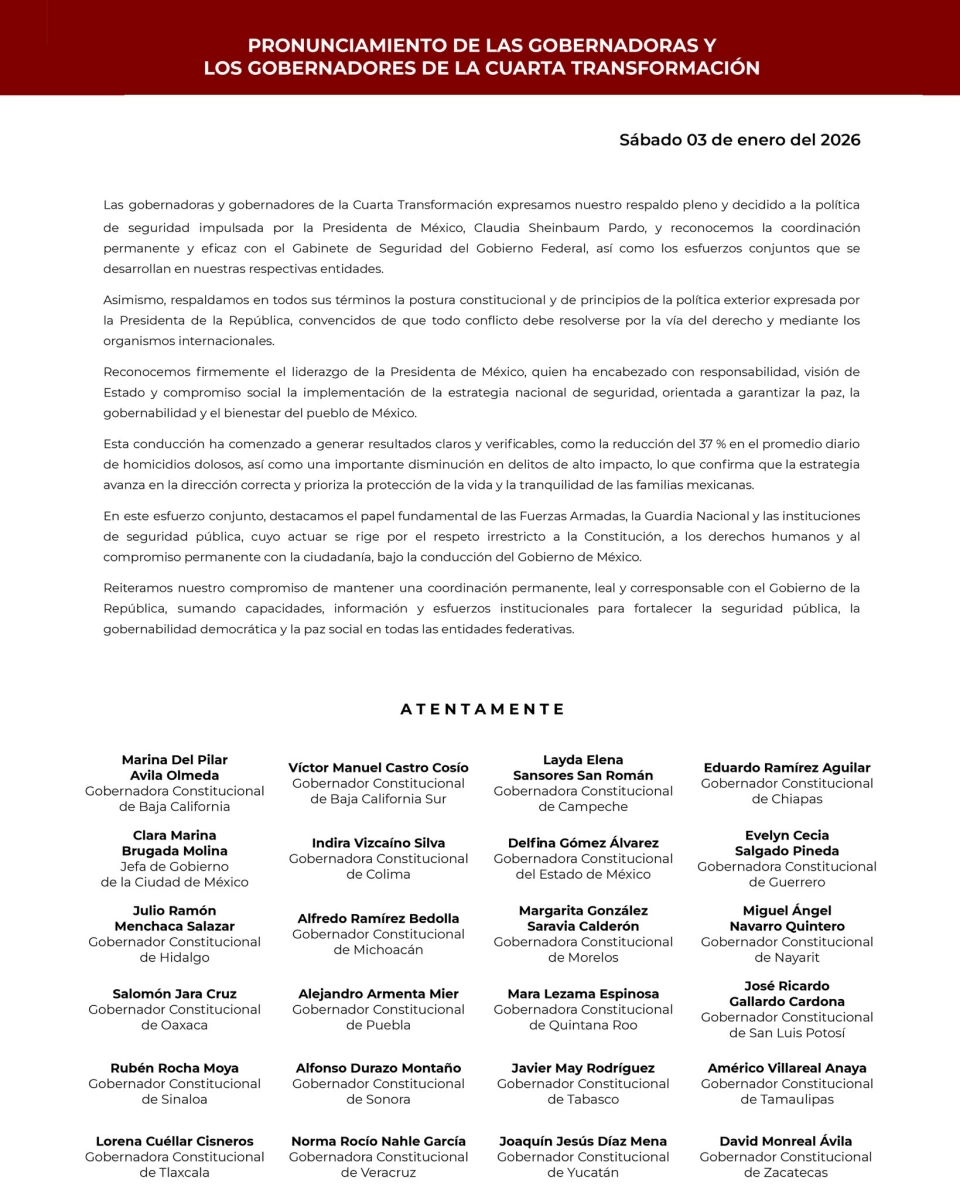 Respaldan Julio Menchaca y gobernadores de la 4T postura de Claudia Sheinbaum ante ataque de EU a Venezuela