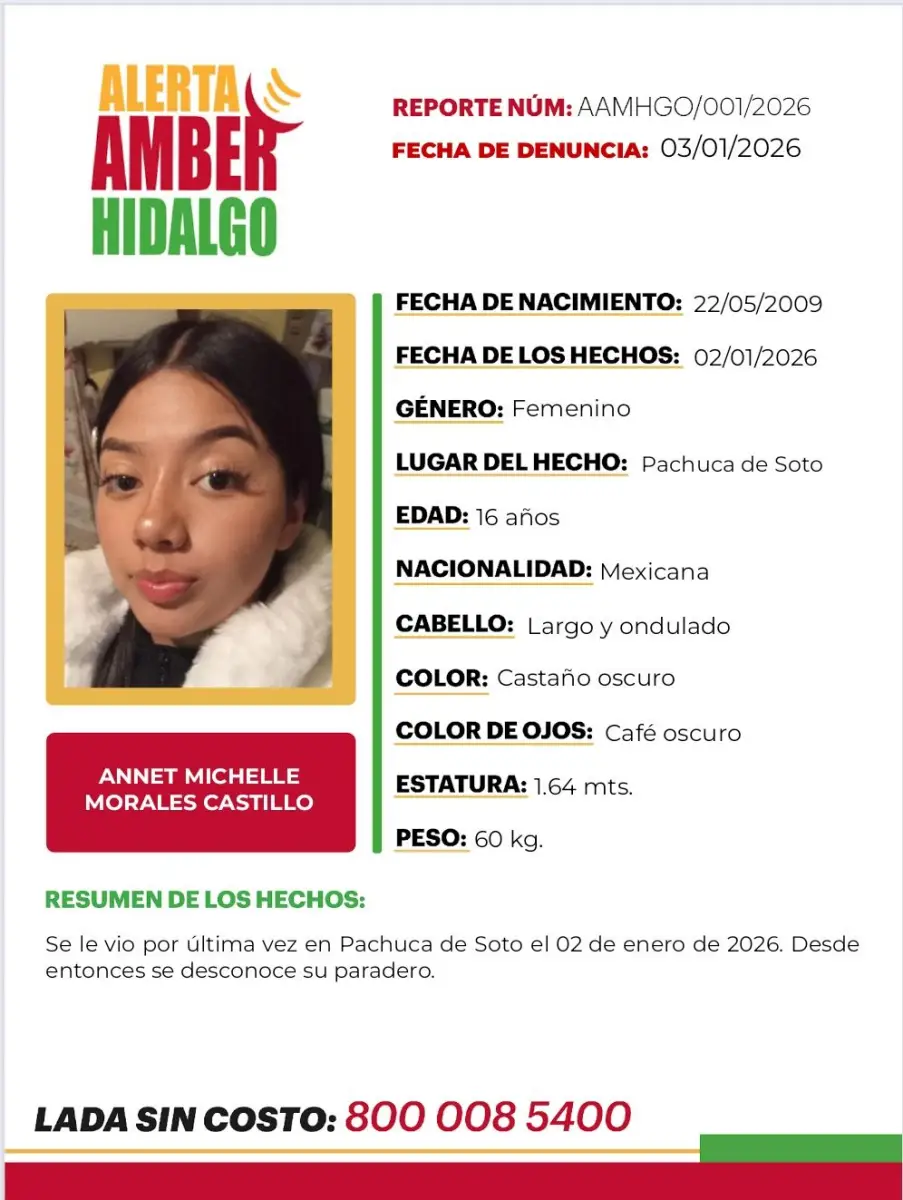 Activan Alerta Amber por Annet Michelle, menor desaparecida en Pachuca