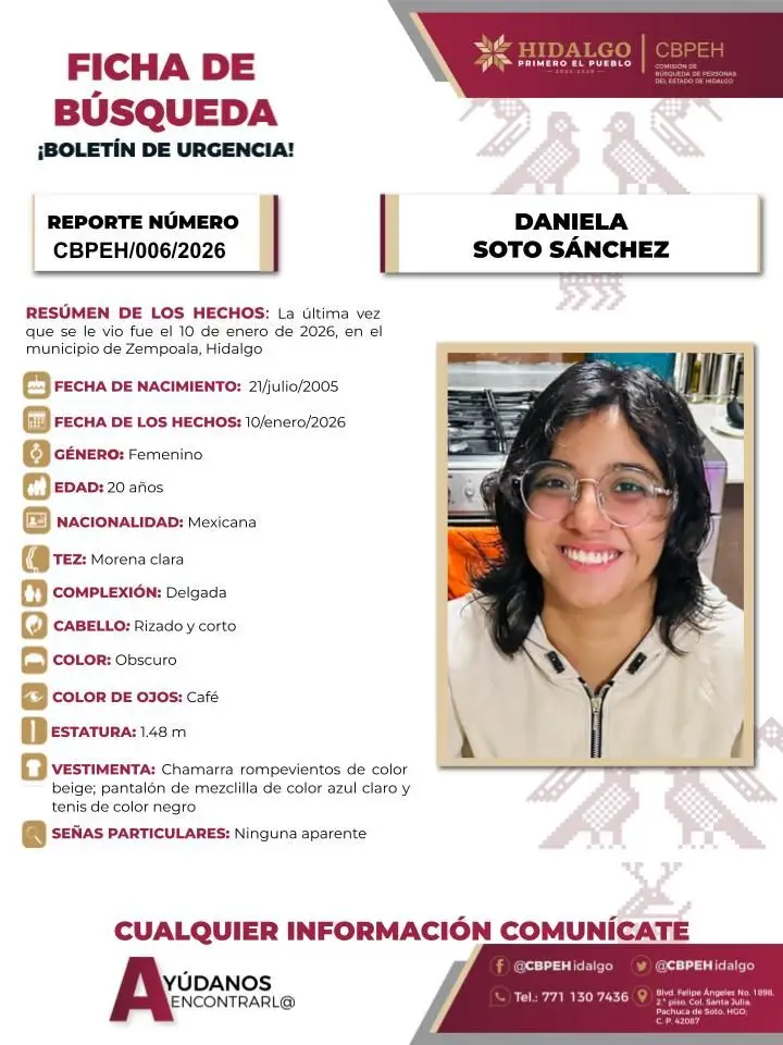 Piden apoyo para localizar a Daniela, joven desaparecida en Zempoala