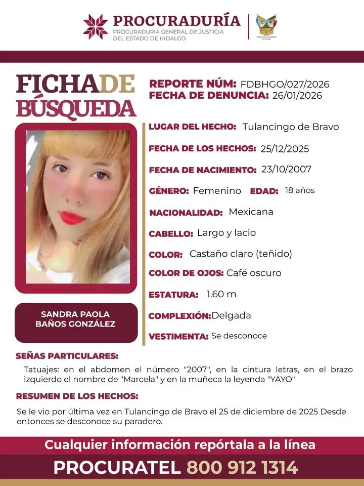 Piden ayuda para localizar a Sandra Paola, joven desaparecida en Tulancingo desde diciembre