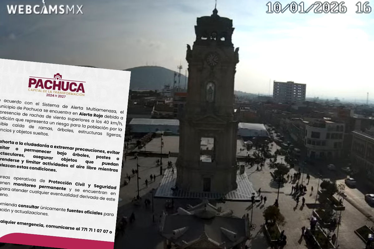 Emiten 'Alerta Roja' por fuertes rachas de viento en Pachuca; hay riesgo significativo