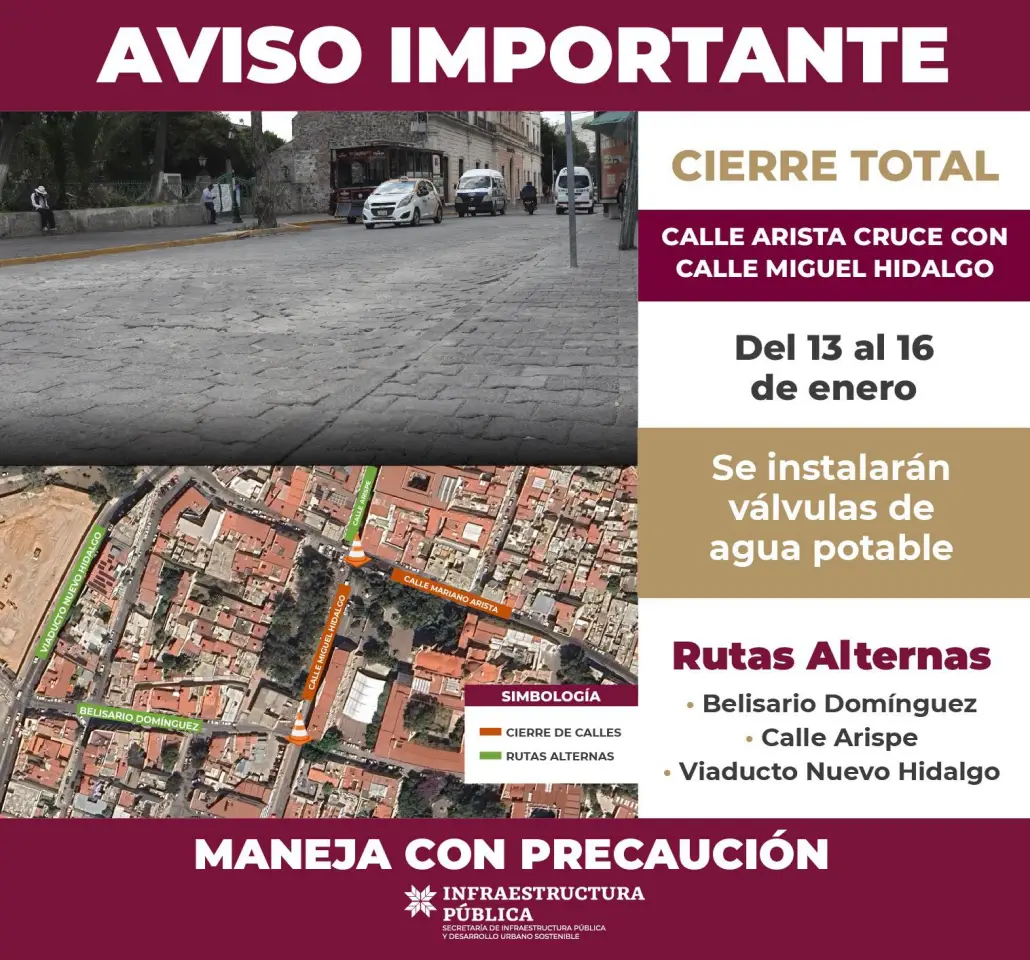 Cierre total en céntricas calles de Pachuca por obras
