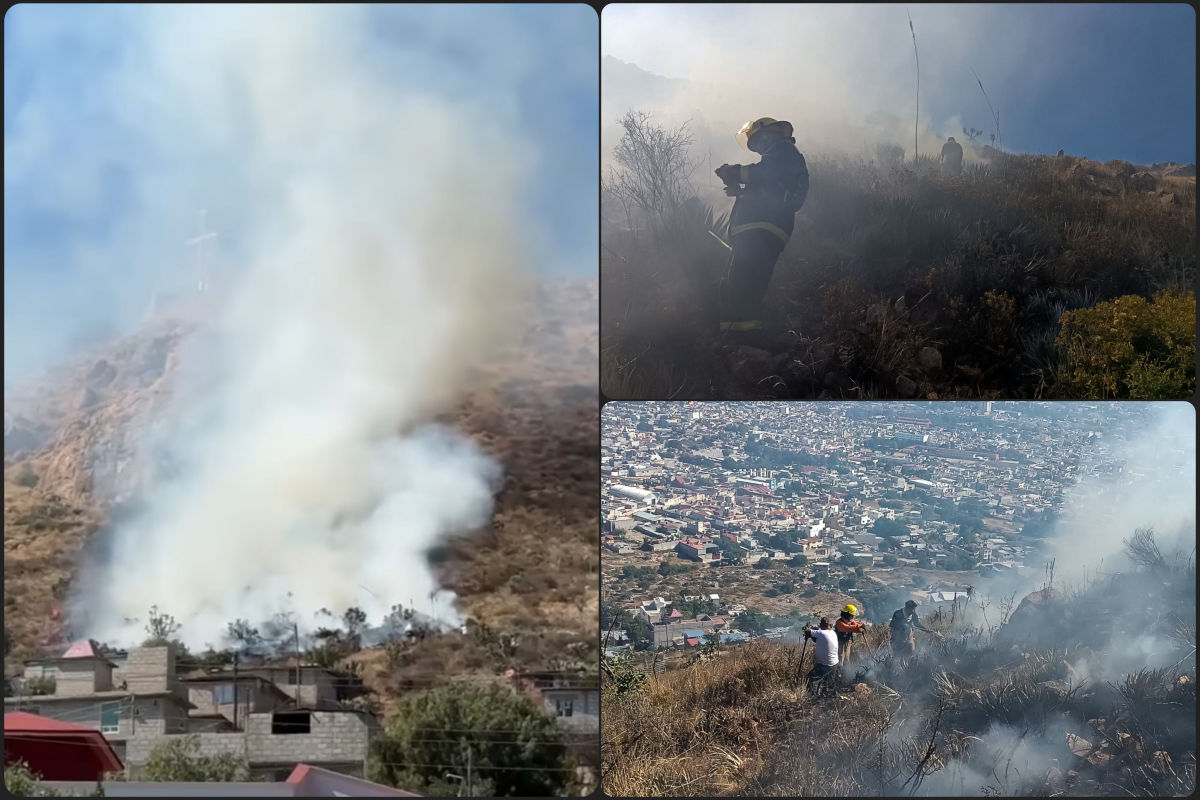 Combaten feroz incendio forestal en cerro de Pachuca