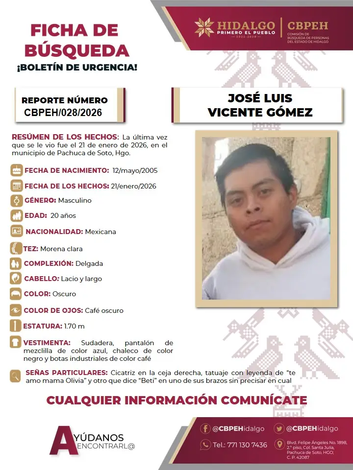 Piden ayuda para localizar a José Luis, joven desaparecido en Pachuca