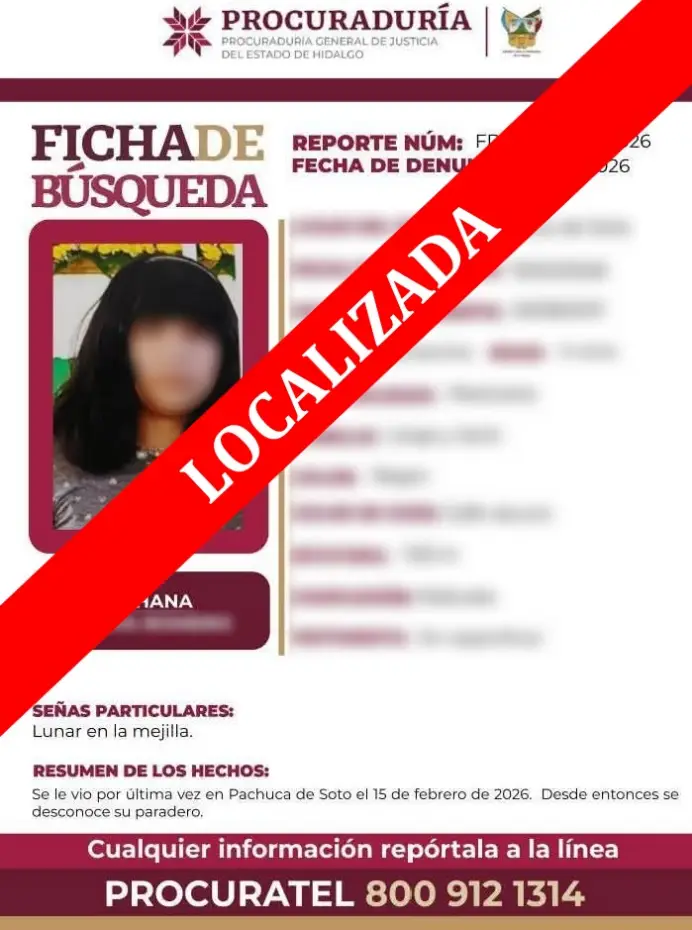 Localizan en Edomex a joven reportada como desaparecida en Pachuca