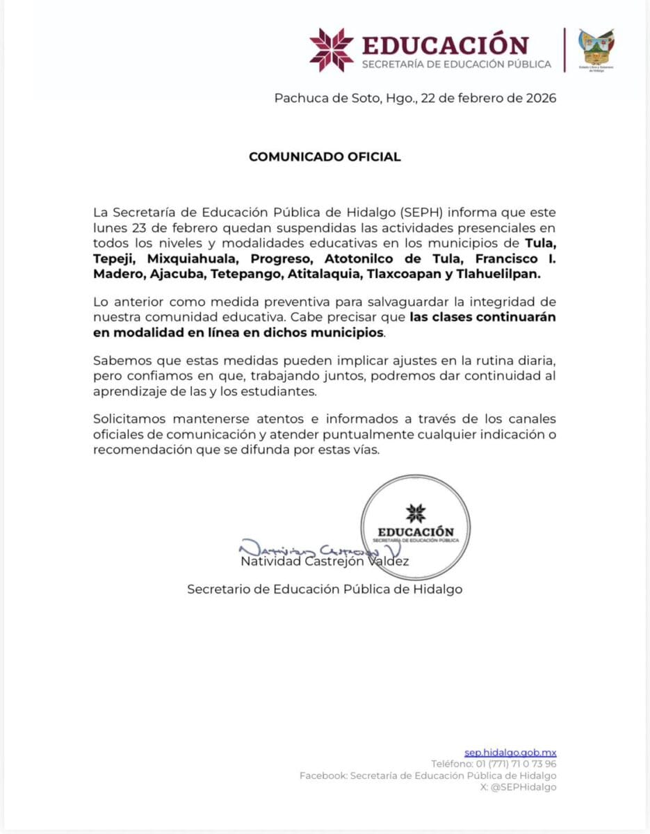 Anuncia la SEPH suspensión de clases en 11 municipios de Hidalgo por ola de violencia
