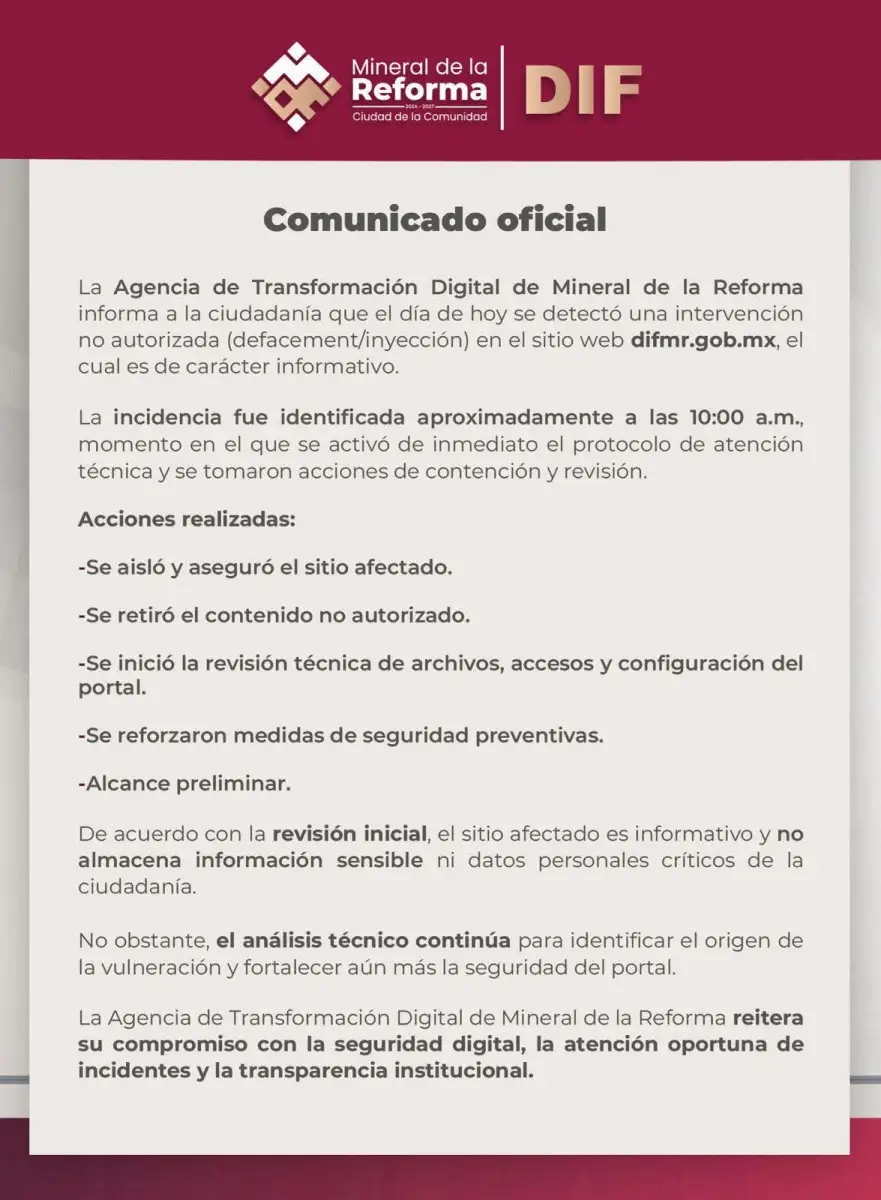 ¡Hackeado! Vulneran sitio web del DIF de Mineral de la Reforma