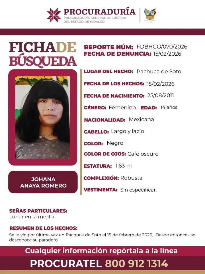 Piden ayuda para localizar a Johana, adolescente desaparecida en Pachuca