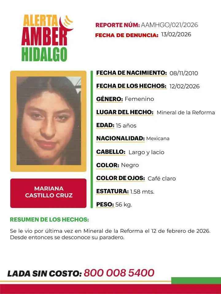 Alerta Amber: Mariana desapareció en Mineral de la Reforma; piden ayuda para encontrarla