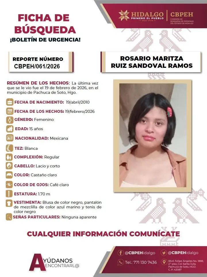 Piden ayuda para localizar a Rosario Maritza, joven desaparecida en Pachuca